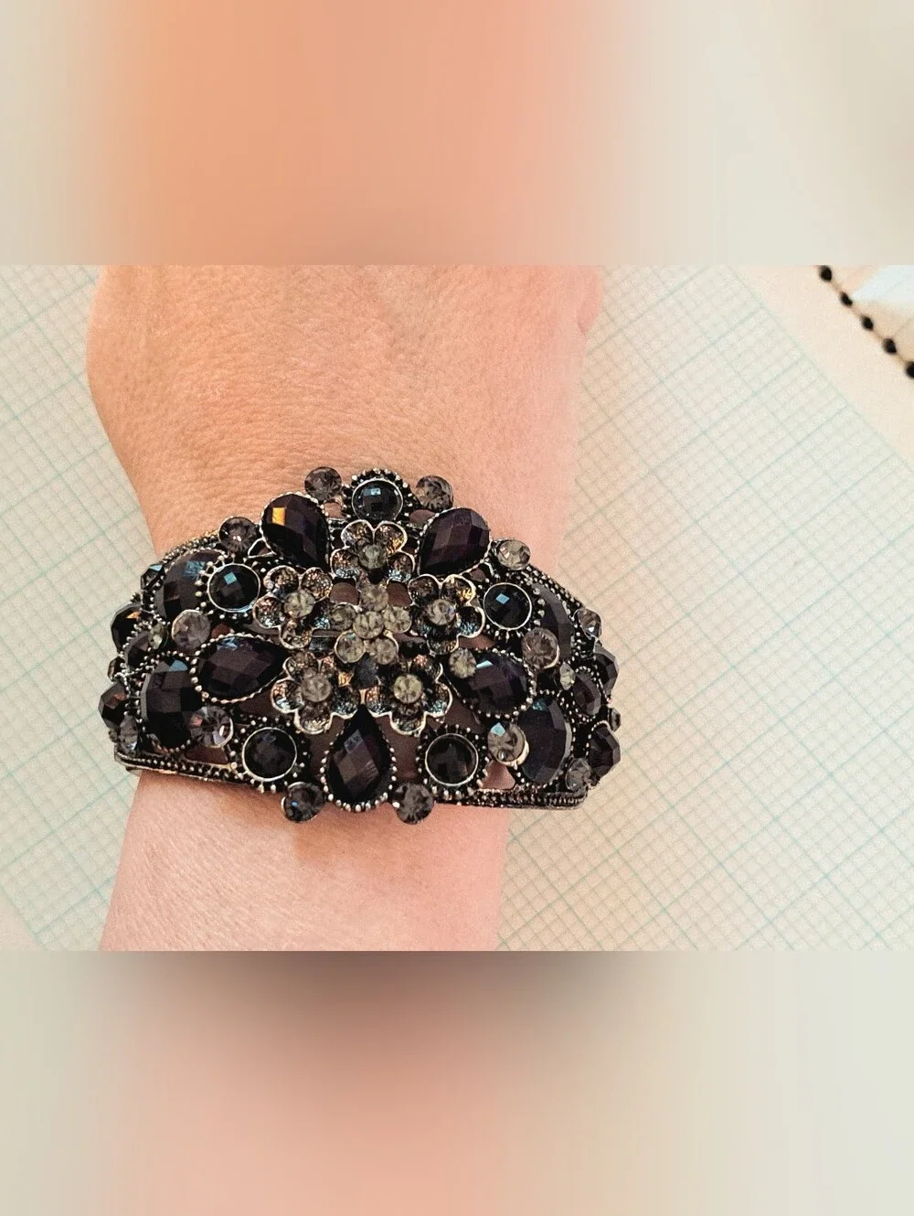 Vintage-Inspired Black Crystal Statement Hinged Bangle Bracelet